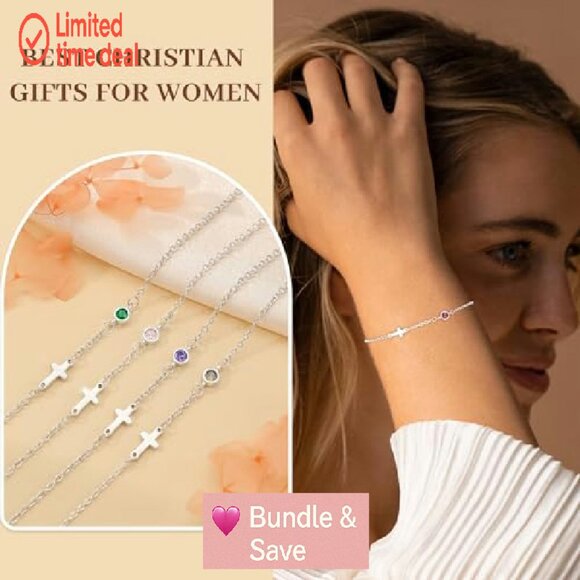 Adjustable Link Bracelet with Birthstone Cross Charm Stainless Steel - Picture 4 of 8